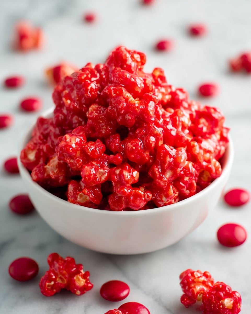 A white bowl filled with bright red popcorn coated in a shiny, sticky glaze, making each popcorn piece look glossy and textured; the popcorn pieces are piled high in the bowl, with some scattered small round red candies on the white marbled surface around the bowl. photo taken with an iphone --ar 4:5 --v 7