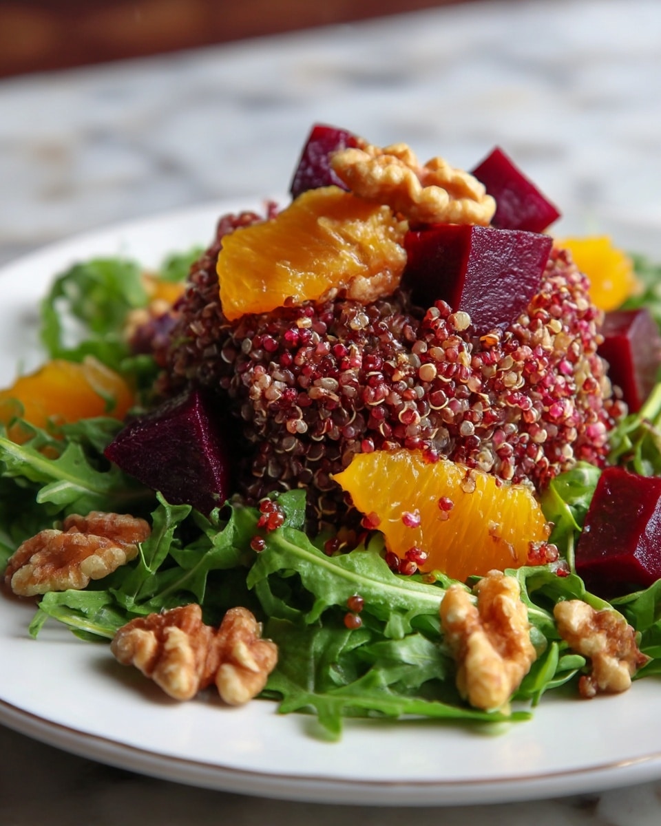 A bowl filled with a salad showing three main layers: the base layer is light beige quinoa with its tiny round grains evenly spread, the middle layer consists of bright orange mandarin slices rounded and smooth, and deep red-purple beet wedges with a firm texture scattered throughout, and the top layer includes fresh green basil leaves and small brown walnut pieces placed over the salad for garnish. The bowl is white with a speckled texture and rounded edges, sitting on a white marbled surface. The lighting is soft and natural, highlighting the fresh ingredients. Photo taken with an iphone --ar 4:5 --v 7