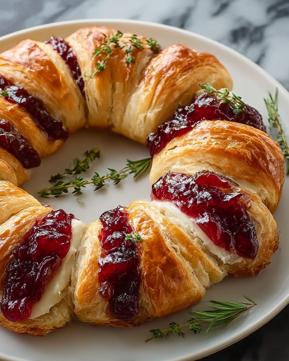 A golden brown crescent ring made of flaky, layered pastry is arranged in a circular shape on a white plate. The ring is filled with two clear layers visible at each segment: a soft, white creamy layer closest to the pastry, followed by a thick, deep red jelly that looks glossy and slightly chunky. Small green sprigs of rosemary and thyme are placed on and around the pastry, adding a fresh touch and contrast in color. The background shows a white marbled texture that highlights the warm tones of the pastry and jewel-like red jelly. photo taken with an iphone --ar 4:5 --v 7