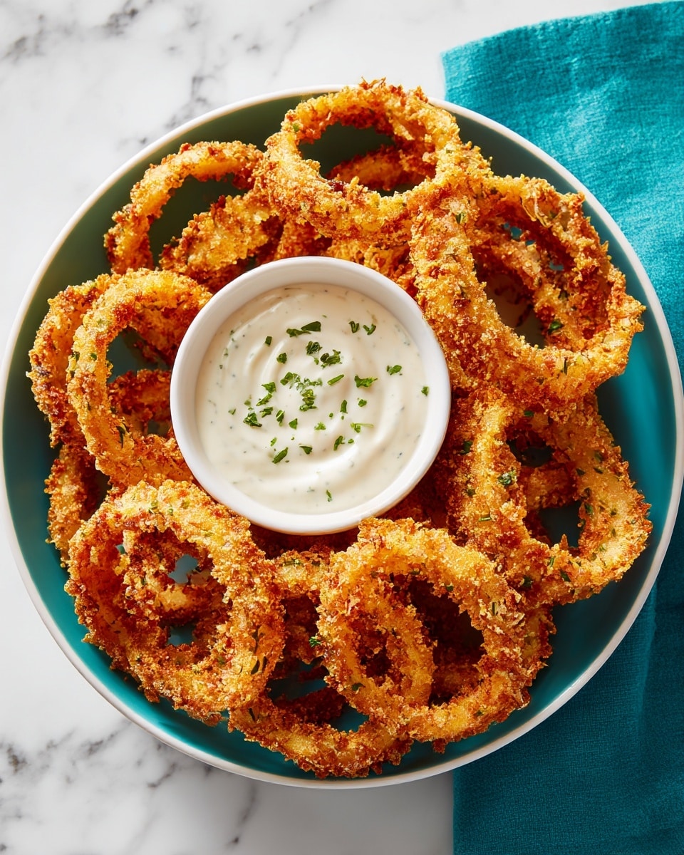 A bowl filled with multiple layers of round, golden-brown fried onion rings, each ring showing crispy, textured edges and a slightly curled shape, sprinkled with small green herb pieces. In the center of the bowl, there is a small white bowl filled with smooth, thick white dipping sauce, topped with a few scattered green herbs. The bowl is placed on a white marbled surface with a teal cloth visible on the side. photo taken with an iphone --ar 4:5 --v 7