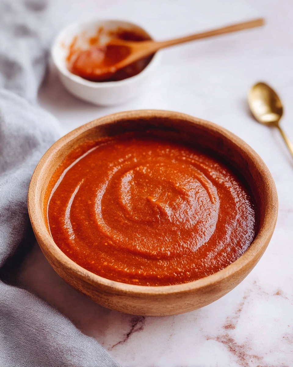 A wooden bowl filled with a smooth, thick sauce of deep orange-red color with a few small black specks, showing a slightly glossy and creamy texture. A thin wooden spoon is resting inside the bowl, partially submerged in the sauce. The bowl sits on a white marbled surface with a light gray cloth nearby, adding a soft contrast to the rich tones of the sauce and wood. Photo taken with an iphone --ar 4:5 --v 7