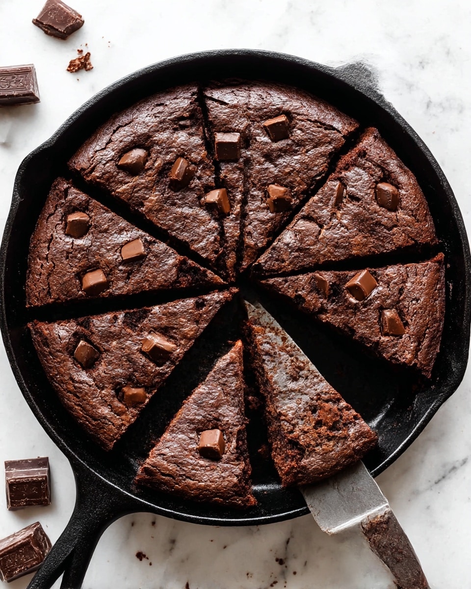 A dark chocolate skillet brownie sliced into eight pieces inside a black cast-iron pan on a white marbled surface. The brownie has a rich, textured top with small cracks and is studded with unevenly scattered milk chocolate chunks. One slice is lifted slightly off the pan, revealing a dense, moist interior with a deep brown color. Around the pan, a few chocolate chunks are scattered casually, and a knife with a dark wooden handle rests beside it, showing some brownie crumbs on the blade. photo taken with an iphone --ar 4:5 --v 7