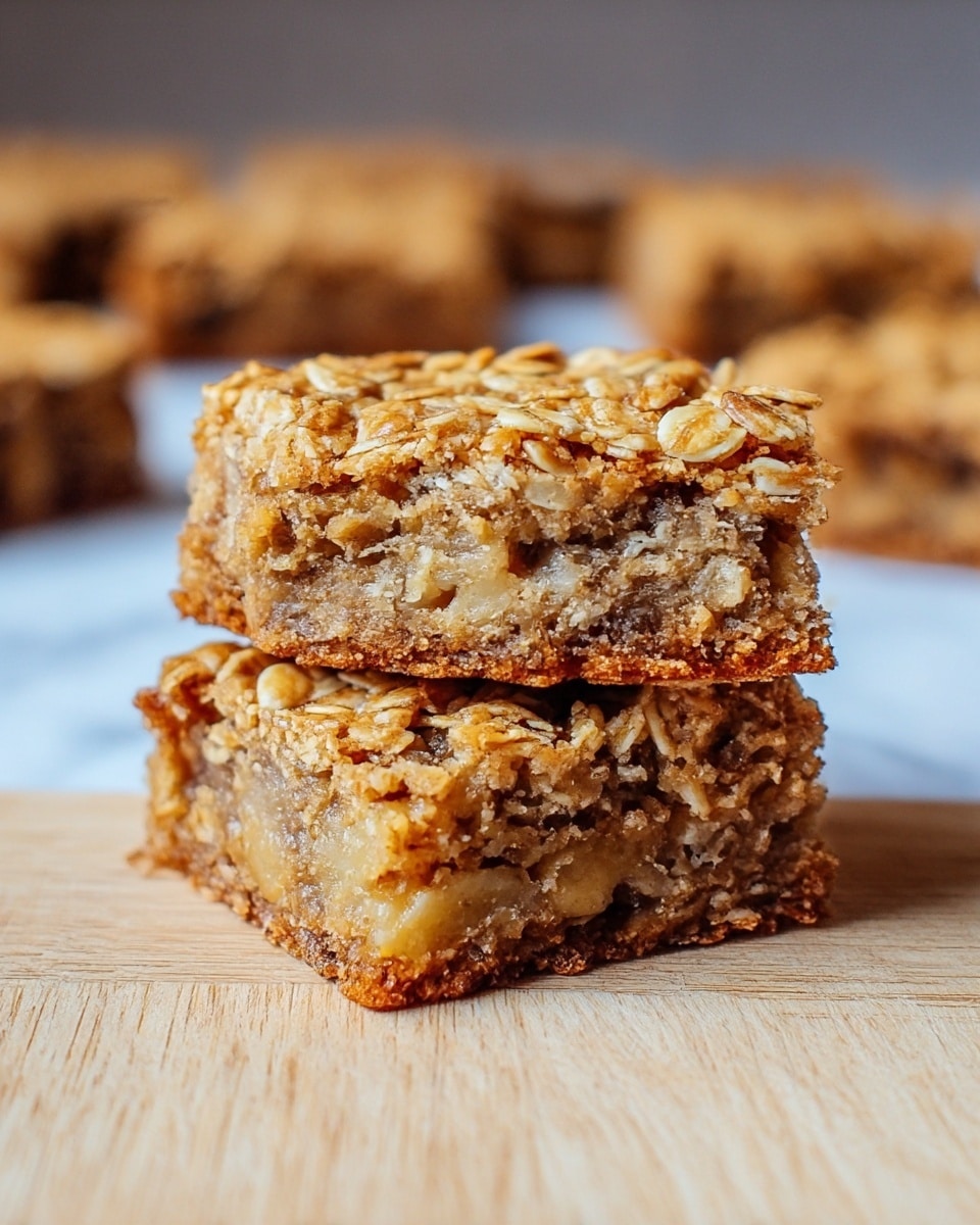 The image shows two stacked oat bars with a crumbly, slightly golden-brown oat top layer full of visible oats and a moist, textured middle layer with chunks of banana and a sticky, caramel-like filling, sitting on a light wooden surface with more bars blurred in the background on a white marbled texture. photo taken with an iphone --ar 4:5 --v 7