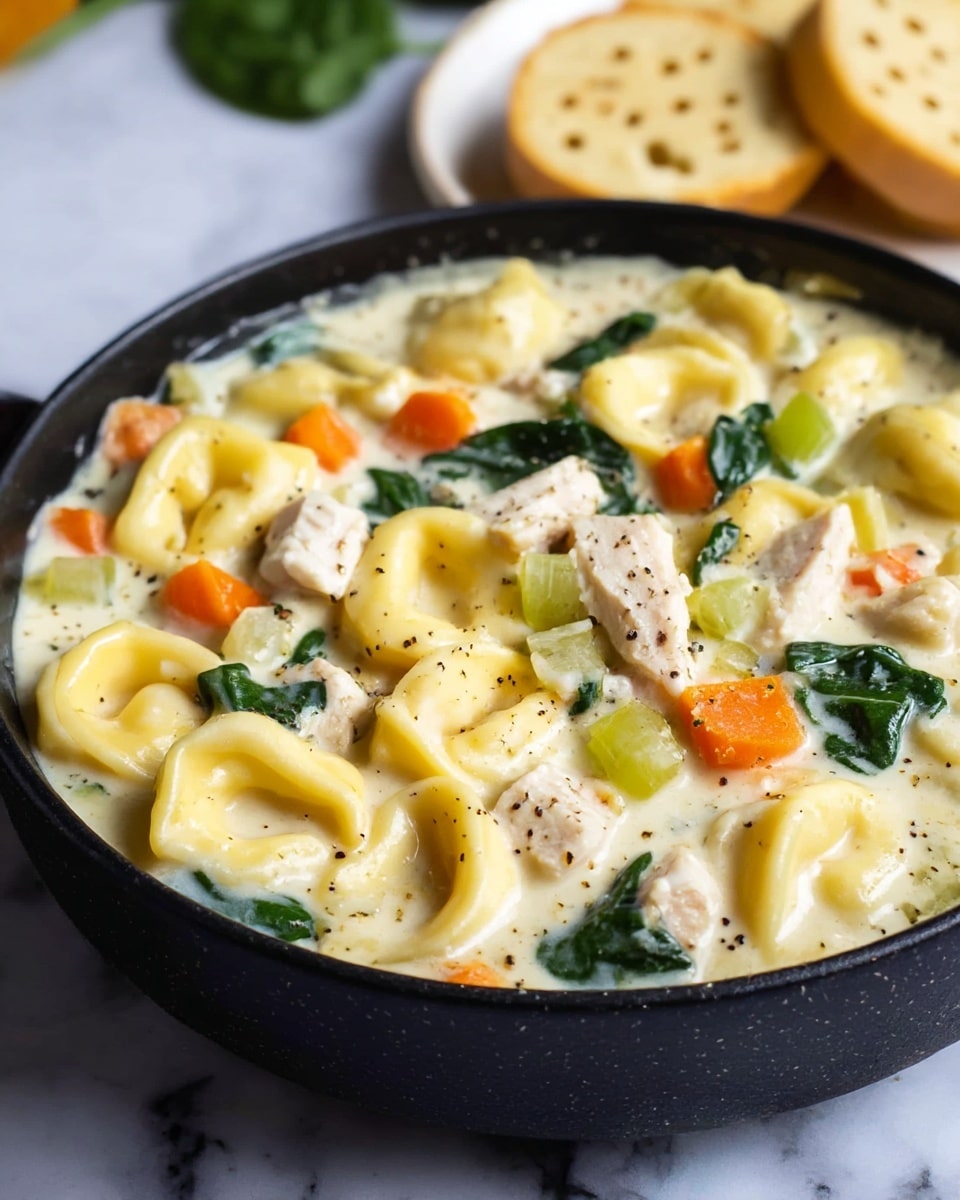 A close-up image of a black bowl filled with creamy tortellini soup, showing three layers: the soup base is a thick creamy white broth with specks of black pepper and herbs, the second layer contains round, golden-yellow tortellini pasta floating throughout, and the third layer consists of diced white chicken pieces, bright orange carrot chunks, green spinach leaves, and celery bits scattered evenly on top. In the background, there is a white plate holding two pieces of light brown bread that have small holes and a dotted pattern. The setup is on a white marbled surface. photo taken with an iphone --ar 4:5 --v 7