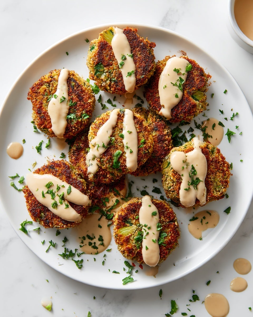 A round white plate holds eight falafel patties arranged closely together, each one golden brown with a crunchy texture and some green bits inside. On top of every patty, there is a thick line of creamy, light beige sauce that drips slightly down the sides. Fresh chopped green herbs are sprinkled over the patties and the plate, adding a fresh contrast. The plate is set on a white marbled surface with some sauce drops and herb pieces scattered nearby, giving a casual and fresh look. photo taken with an iphone --ar 4:5 --v 7