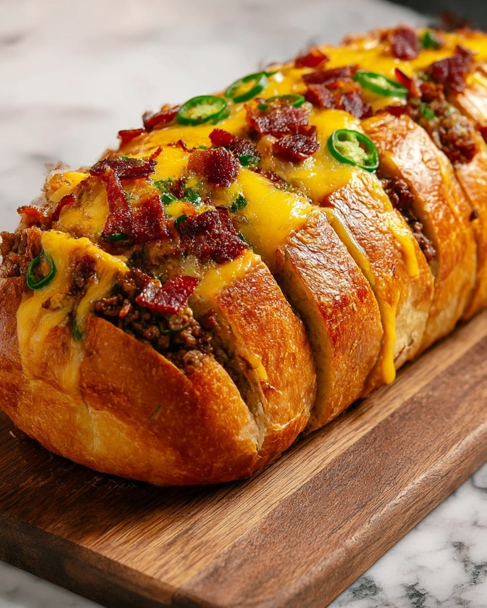 The image shows a loaf of golden brown bread sliced in thick pieces but still connected at the base, with a visible crispy crust. The top layer is filled with melted bright yellow cheese that stretches slightly between the slices. Below the cheese, there are small chunks of dark red-brown bacon and finely ground browned meat mixed with thin slices of fresh green jalapeños spread evenly. The bread rests on a wooden board placed on a white marbled texture surface. photo taken with an iphone --ar 4:5 --v 7