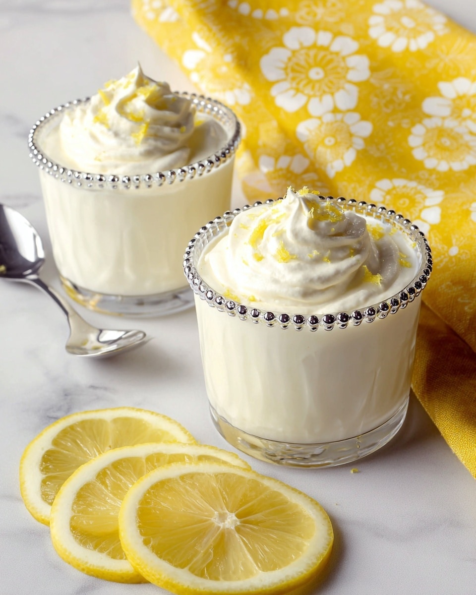 Two clear glass cups each filled with three creamy white layers of smooth lemon mousse topped with a swirl of whipped cream and light lemon zest on top. The cups have a decorative beaded pattern around the rim. In the foreground are three yellow lemon slices placed overlapping on a white marbled surface, while in the background a yellow napkin with a white floral pattern is folded neatly. A silver spoon rests beside the cups on the white marbled texture. photo taken with an iphone --ar 4:5 --v 7