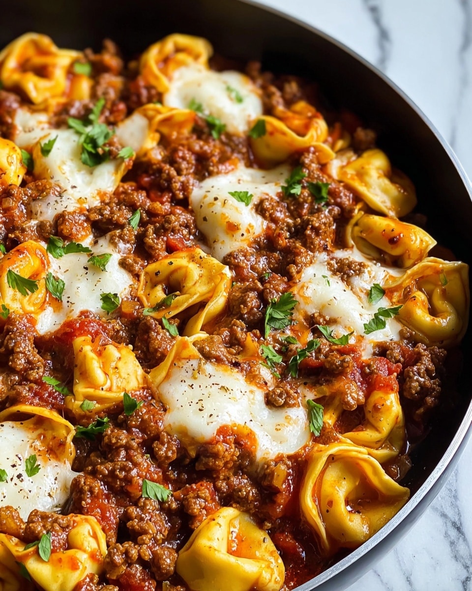 A close-up view of a round black pan filled with about three layers of tortellini pasta in a thick tomato meat sauce. The first layer is the golden yellow tortellini with curled edges, coated lightly with red tomato sauce. The second layer is chunky cooked ground beef mixed evenly with small tomato pieces, giving it a brown and red uneven texture. The top layer is melted white cheese scattered in blobs across the dish, sprinkled with small bits of black pepper and fresh flat green parsley leaves as garnish. The pan rests on a white marbled texture. photo taken with an iphone --ar 4:5 --v 7