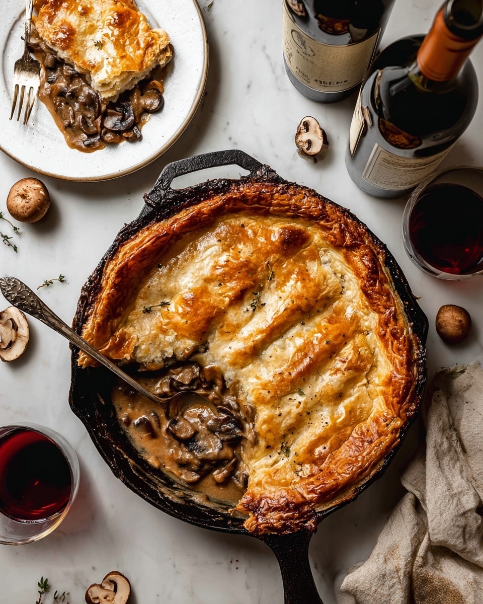 A black cast iron skillet holds a rustic mushroom pot pie partially covered with a golden-brown crust that has four visible strip-like layers with a bubbly, flaky texture. On the uncovered side, creamy brown mushroom gravy with visible mushroom pieces fills the skillet, with a silver spoon resting inside. To the left, a white plate holds a single serving of the pot pie, showing a thick layer of the browned crust on top and the rich sauce beneath. The setting includes two brown wine bottles and scattered mushrooms on a white marbled surface, with a glass of red wine in the bottom right corner. photo taken with an iphone --ar 4:5 --v 7