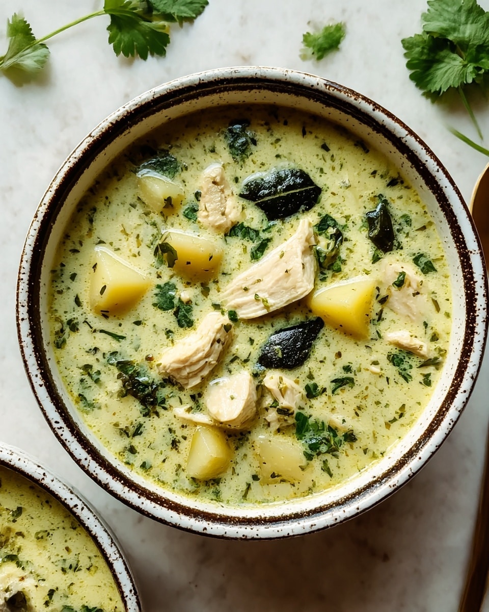 A bowl filled with creamy green curry soup containing small yellow potato pieces and light beige chicken chunks scattered throughout, with dark green leafy herbs floating on top as garnish. The soup has a smooth texture with visible herbs and spices mixed in, creating green specks across the surface. The white bowl has a thin dark brown rim with a speckled texture, placed on a white marbled surface, with a few fresh green cilantro leaves nearby. photo taken with an iphone --ar 4:5 --v 7
