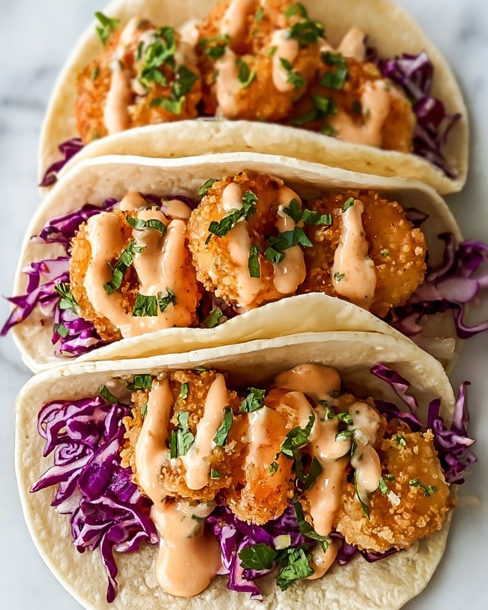 Three shrimp tacos sit closely together, each made with a soft, light beige corn tortilla. Inside each tortilla, there is a base layer of shredded purple cabbage, topped with several golden-brown, breaded and fried shrimp. Drizzled over the shrimp is a creamy light orange sauce, and small green herb leaves are scattered on top for garnish. The dish is presented on a white marbled surface, giving a clean and bright look. photo taken with an iphone --ar 4:5 --v 7