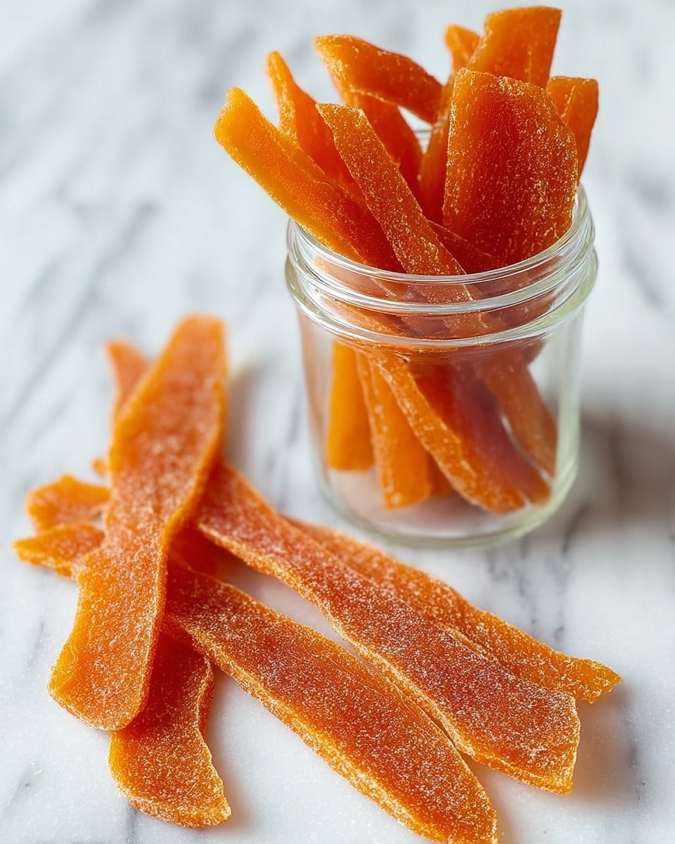 The image shows several thin, orange dried fruit strips with a slightly sugary texture. Around eight strips lie flat on a white marbled surface, showcasing their rough edges and light powdery coating. Behind them, more strips stand upright inside a clear glass jar, their bright orange color and slightly translucent quality catching the light. The overall look is simple and clean, with the dried fruit strips as the clear focus. photo taken with an iphone --ar 4:5 --v 7