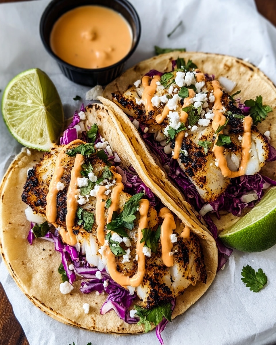 Two soft corn tortillas filled with layers of finely shredded purple cabbage as the base, topped with thick pieces of grilled white fish with a charred and slightly crispy outside. On top, there is a drizzle of orange creamy sauce, sprinkled with small white cheese crumbles and fresh green cilantro leaves. A half lime is placed on the side, and a small black container with more sauce is visible near the edge. The tacos are placed on white parchment on a white marbled surface. photo taken with an iphone --ar 4:5 --v 7
