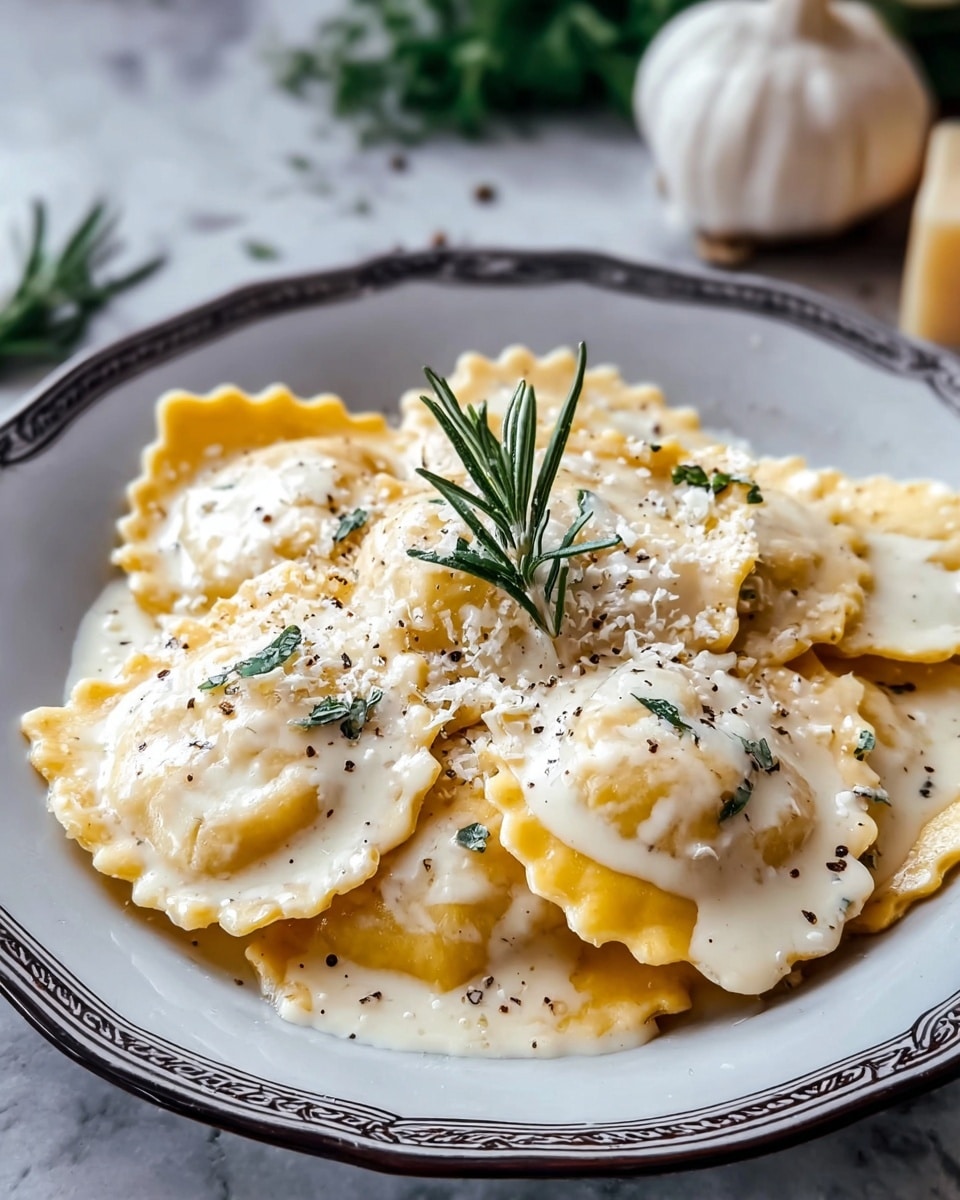 A white plate with a dark decorative rim holds a serving of ravioli in a creamy white sauce. The ravioli are golden with crimped edges, layered thickly and soaked in the smooth sauce. On top, there are small sprinkles of white grated cheese and black pepper bits. A fresh green rosemary sprig sits in the middle as a garnish. The plate is on a white marbled surface with a garlic bulb and green herbs blurred in the background. photo taken with an iphone --ar 4:5 --v 7