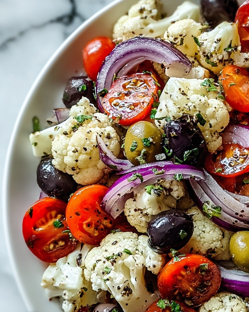 This image shows a close-up of a fresh mixed salad with several colorful layers. The bottom layer has small white cauliflower florets with a firm, slightly bumpy texture, seasoned with black pepper and herbs. On top, there are halved bright red cherry tomatoes with smooth, shiny skins, and thin slices of purplish-red onion adding a crisp texture. Scattered throughout are whole black and green olives, adding dark and light spots with a glossy look. The mix is sprinkled with small green herb pieces that give a fresh contrast. All these ingredients are placed on a white plate, set on a white marbled surface. The photo taken with an iphone --ar 4:5 --v 7