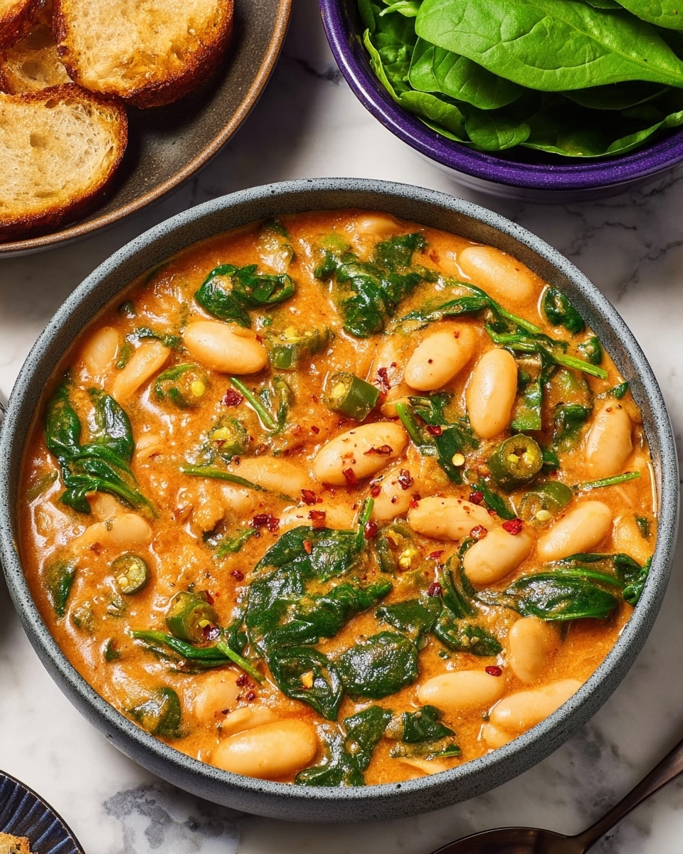 The dish shows a thick stew in a gray bowl with a smooth, orange-colored sauce as the base. Large white beans fill most of the bowl, mixed with bright green spinach leaves scattered throughout. Small pieces of green jalapeño peppers and bits of onions and tomatoes are seen inside the sauce. The dish looks rich and creamy with visible pepper flakes on the surface of the stew. The bowl sits on a white marbled texture, next to a purple bowl of fresh spinach leaves and some round toasted bread. The whole scene feels warm and inviting. photo taken with an iphone --ar 4:5 --v 7