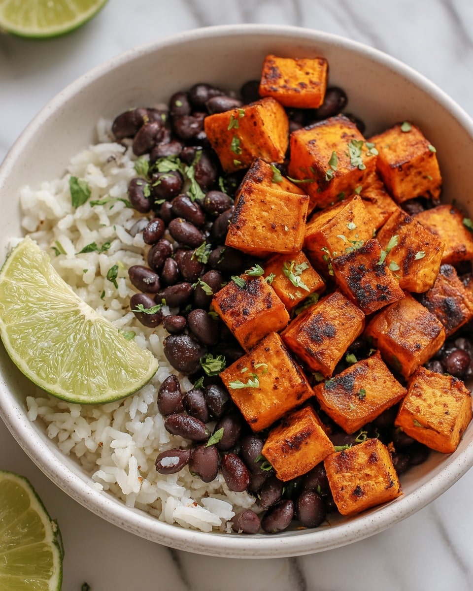 A white bowl filled with three main layers is shown. The bottom layer is white rice with a slightly fluffy texture. On top of the rice is a layer of shiny black beans. The top layer features bright orange roasted sweet potato cubes with a slightly charred surface, garnished with small green herb pieces scattered across. Two fresh lime wedges with a juicy light green color sit on opposite sides of the bowl. The bowl is placed on a white marbled surface, and the overall look is fresh and colorful. photo taken with an iphone --ar 4:5 --v 7