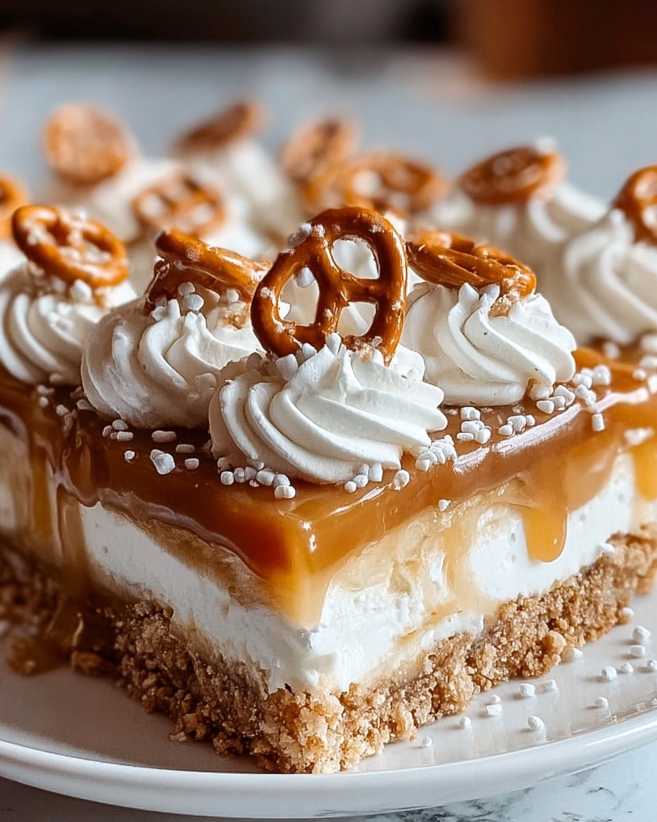 The image shows a close-up of a square dessert on a white plate, standing on a white marbled surface. The bottom layer is a crumbly, light brown crust with a rough texture. Above it is a thick white creamy layer that looks smooth and fluffy. The next layer is a glossy caramel glaze, rich and shiny, slightly dripping down the sides. On top, there are swirls of white whipped cream, soft and thick, placed evenly. Each swirl is decorated with small brown pretzels that have a salty coating, adding a crunchy texture. Some white coarse sprinkles are scattered on the whipped cream and pretzels. Photo taken with an iphone --ar 4:5 --v 7