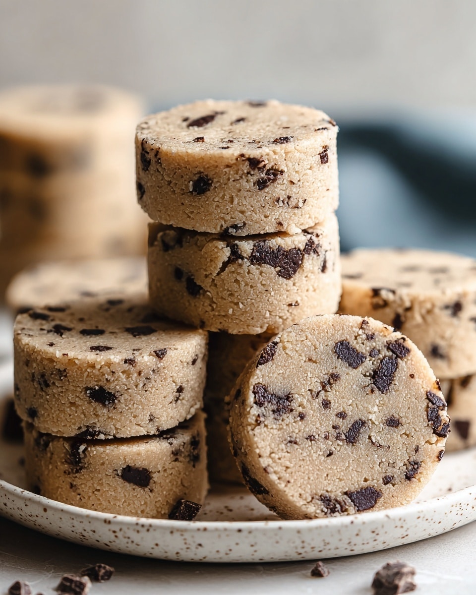 The image shows a close-up of round cookie dough pieces stacked in small piles on a white speckled plate resting on a white marbled surface. Each cookie dough piece is light brown with visible dark chocolate chunks and a slightly coarse texture. The stacks consist of two to three layers, and one piece is positioned leaning against the front stack, clearly showing the round shape and embedded chocolate pieces. The background is softly blurred, emphasizing the cookie dough pieces in the front. Photo taken with an iphone --ar 4:5 --v 7