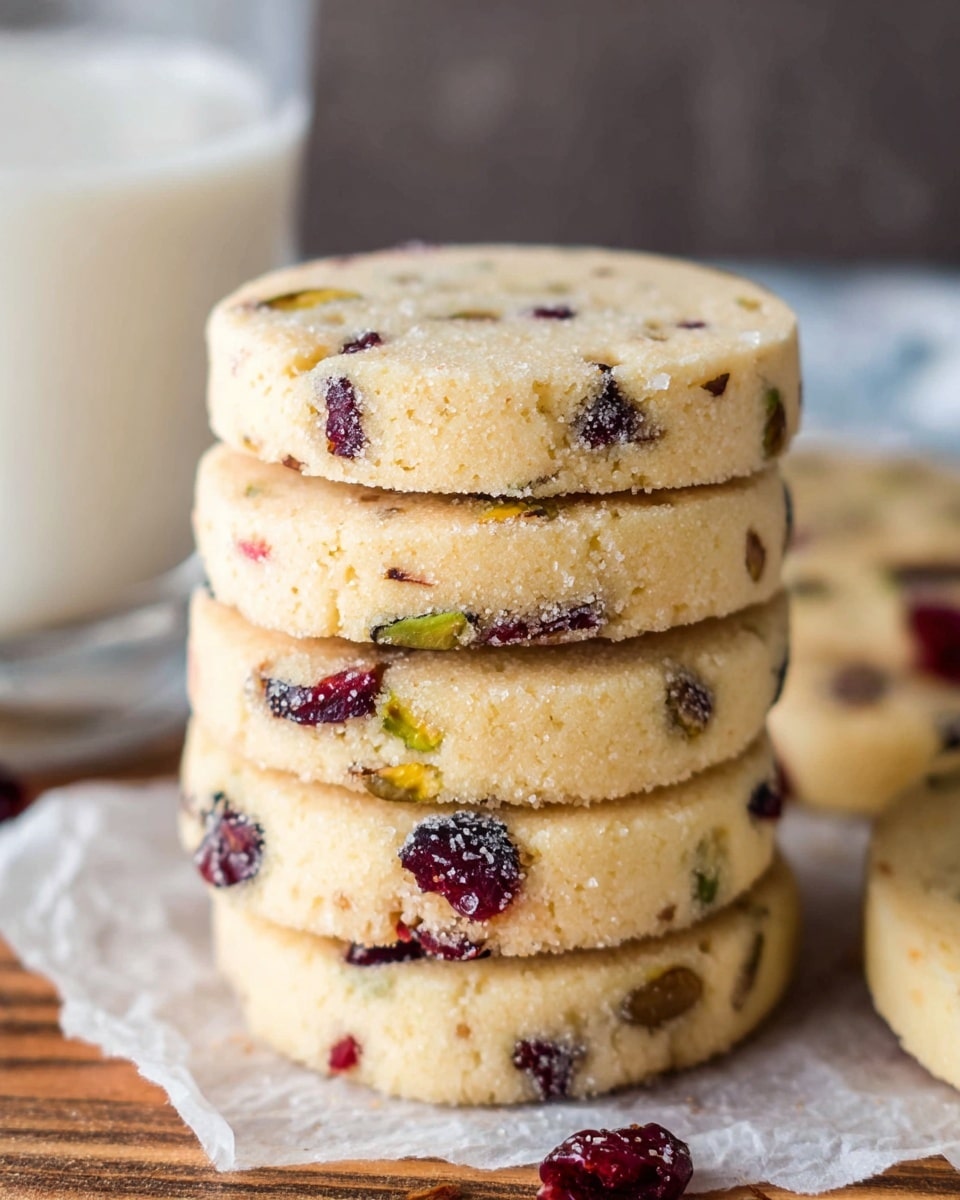 A close-up view of a stack of six round shortbread cookies with a light golden color and a crumbly texture, each cookie embedded with small pieces of green pistachios and dark red dried cranberries spread unevenly throughout the dough; the cookies are placed on a piece of white parchment paper on a wooden surface with a blurred glass of milk in the background, all set on a white marbled texture. photo taken with an iphone --ar 4:5 --v 7