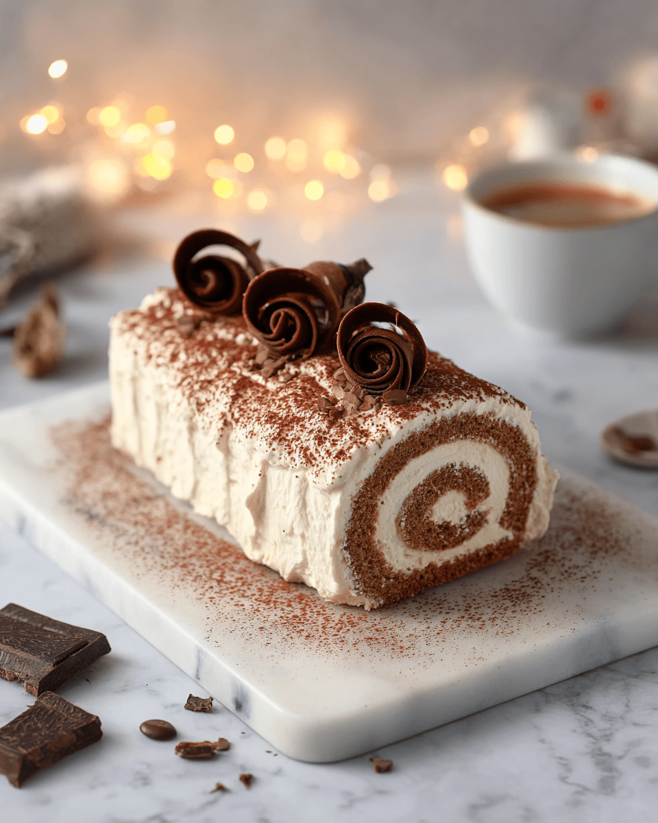 A rolled cake sits on a white marble board, showing about three layers: a light brown sponge cake layer spiraled with a creamy white filling. The outer layer of the cake is covered in the same creamy white frosting, sprinkled generously with cocoa powder that gives a reddish-brown dusted look. On top, three dark brown chocolate curls add decorative swirls along the center. Nearby are small pieces of dark chocolate scattered on the white marbled surface, and a white cup filled with coffee is blurred softly in the background with warm fairy lights glowing gently. photo taken with an iphone --ar 4:5 --v 7