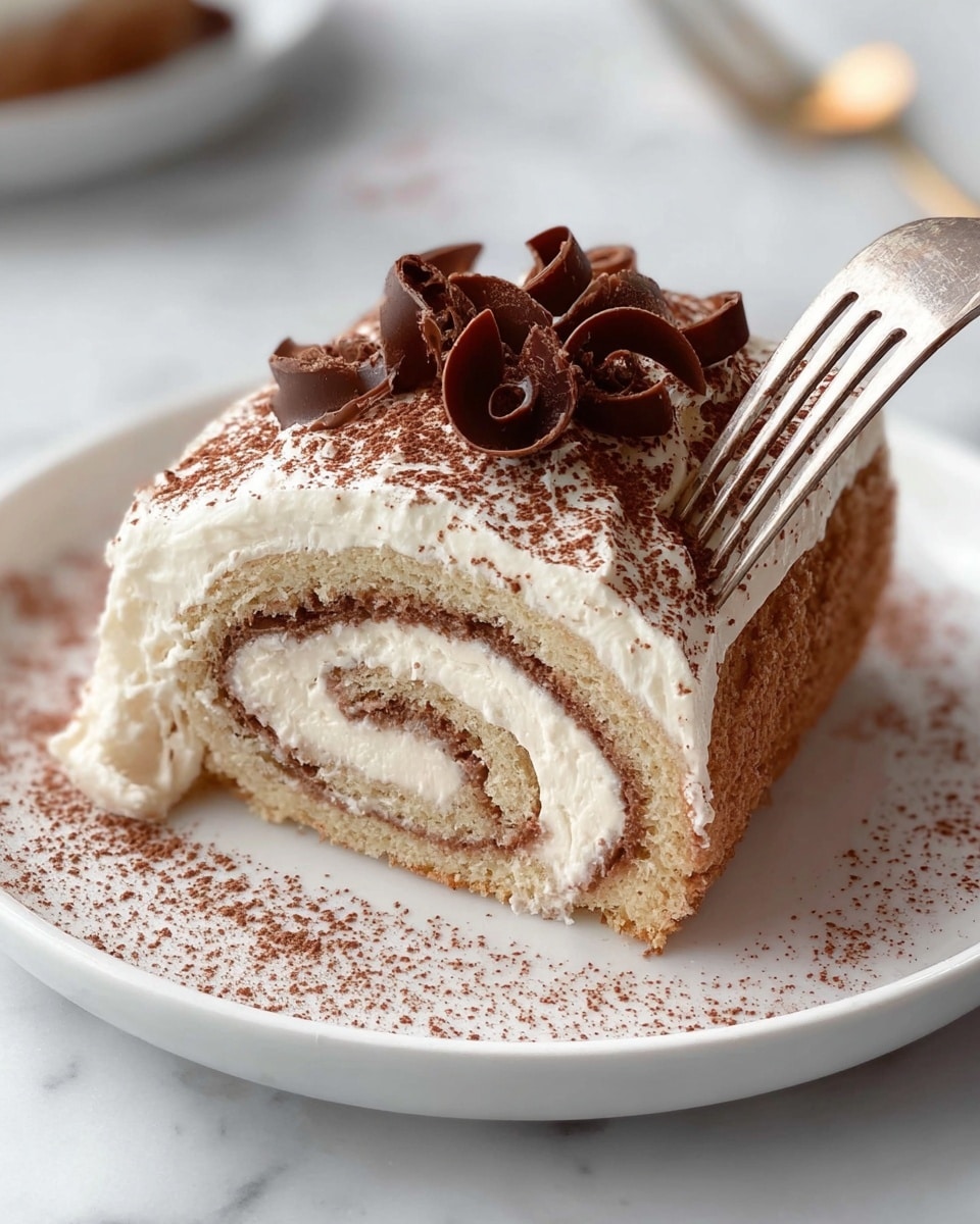 A slice of rolled cake with three visible layers sits on a white plate. The bottom layer is a light brown, soft cake base. The middle layer is a white creamy filling with brown swirls, rolled inside the cake to form a spiral. The top layer is thick white cream covered evenly with cocoa powder, creating a light brown dusted surface. On top, there are delicate dark brown chocolate curls arranged neatly in the center. A fork is gently cutting into the cream top, showing the soft texture of the cake. There is a small sprinkle of cocoa powder around the slice on the plate. The plate rests on a white marbled surface. photo taken with an iphone --ar 4:5 --v 7