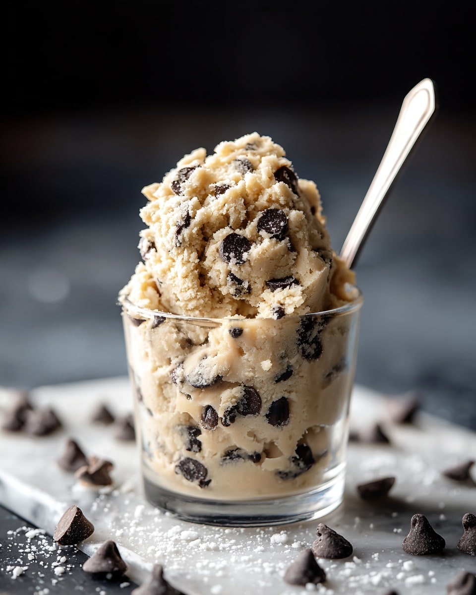 A transparent glass cup filled with a mound of pale beige cookie dough mixed with many dark chocolate chips, with some dough and chips spilling slightly over the top. In the cup, the dough looks soft and slightly grainy with chocolate chips scattered evenly inside. A metal spoon is placed inside the cup on the right side. Around the cup, there are many dark chocolate chips scattered loosely on a white marbled texture table with some fine white flour dust sprinkled around. The background is dark and blurred. photo taken with an iphone --ar 4:5 --v 7