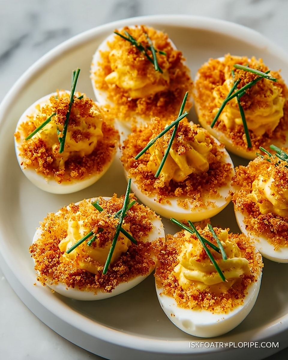 The dish shows six deviled eggs arranged on a white plate, each egg cut in half with a smooth white egg white base layer. On top of each egg white, there is a creamy yellow yolk mixture that is piped with a swirled texture. Surrounding the edges of the egg whites is a crumbly, golden-brown coating that looks crunchy. The yolk mixture is sprinkled with the same golden crumbs and small green chives are placed on top of each yolk mound, adding a fresh contrast. The background is a white marbled texture. photo taken with an iphone --ar 4:5 --v 7
