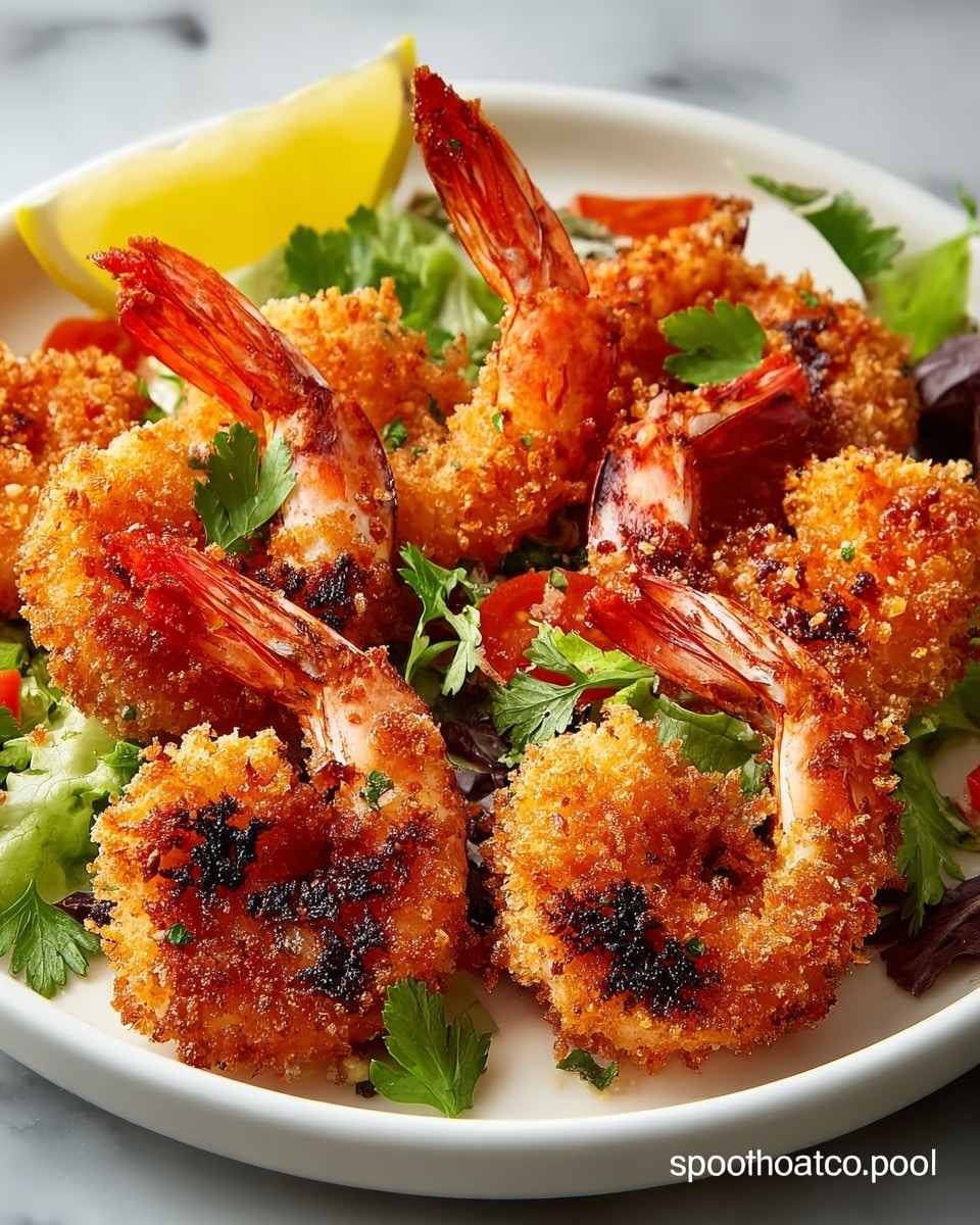 The image shows a white plate filled with several crispy, golden-brown breaded shrimp arranged close together, each shrimp curved with a bright orange-red tail sticking up. The shrimp have some dark char marks for a grilled look, giving a crunchy texture to their coating. Under the shrimp, there is a layer of fresh green lettuce leaves and small red pieces, possibly tomato or pepper, adding color contrast. On the side at the back, there is a wedge of bright yellow lemon. Some small green parsley leaves are placed on and around the shrimp, enhancing the fresh look. The plate is set on a white marbled texture. photo taken with an iphone --ar 4:5 --v 7