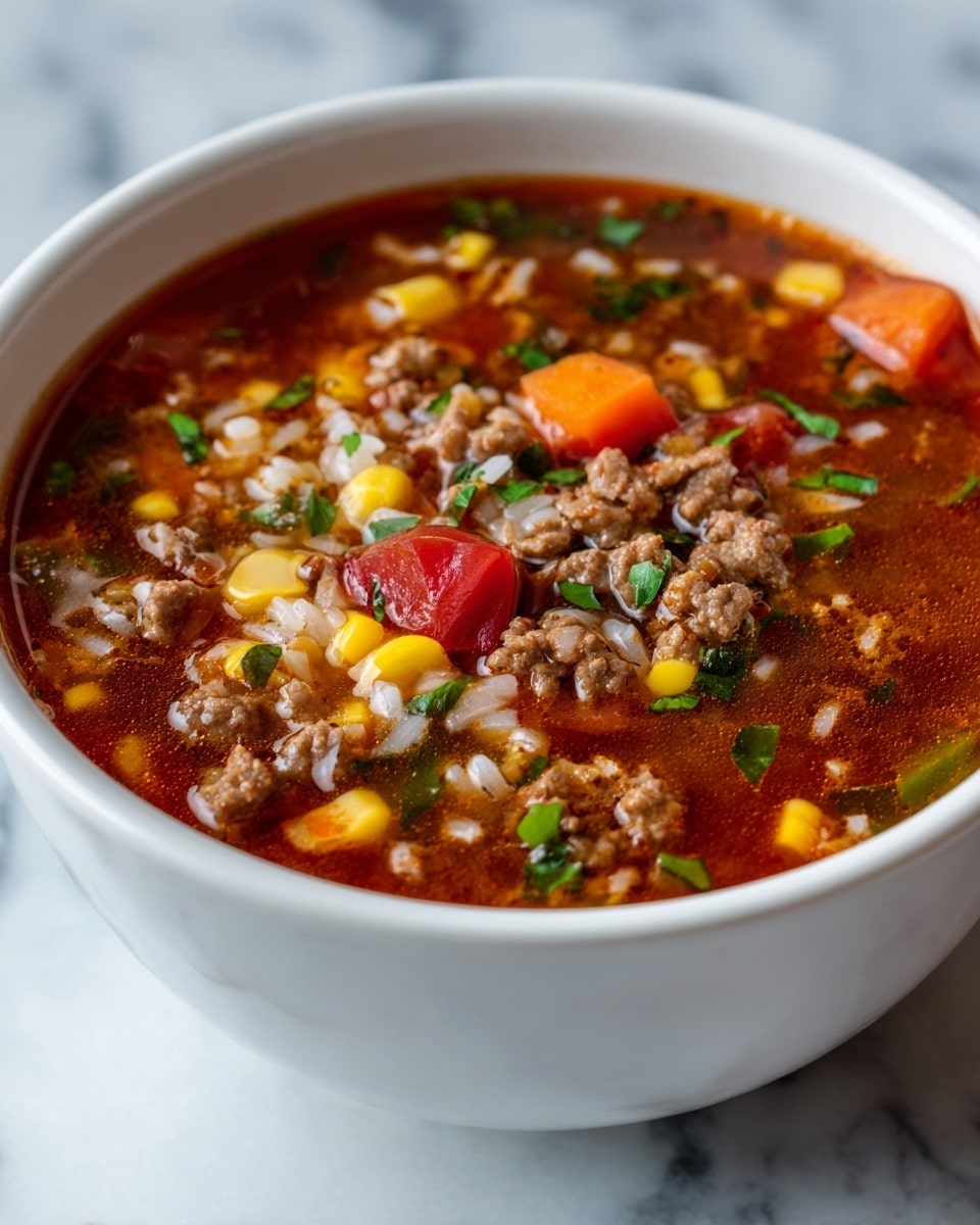 The image shows a close-up of a thick soup with several layers visible. The bottom layer is a rich red broth with a slightly oily texture. Floating on top are small pieces of cooked ground meat in brown, tender chunks. There are bright yellow corn kernels scattered throughout the soup, along with soft, orange carrot slices and small diced red tomatoes. A layer of white rice grains is mixed in, giving the soup added texture. Small green chopped herbs are sprinkled over the top, adding a fresh contrast to the warm colors. The photo is sharp and vibrant, showing the details of each ingredient in a warm, comforting dish, all placed on a white marbled surface. photo taken with an iphone --ar 4:5 --v 7