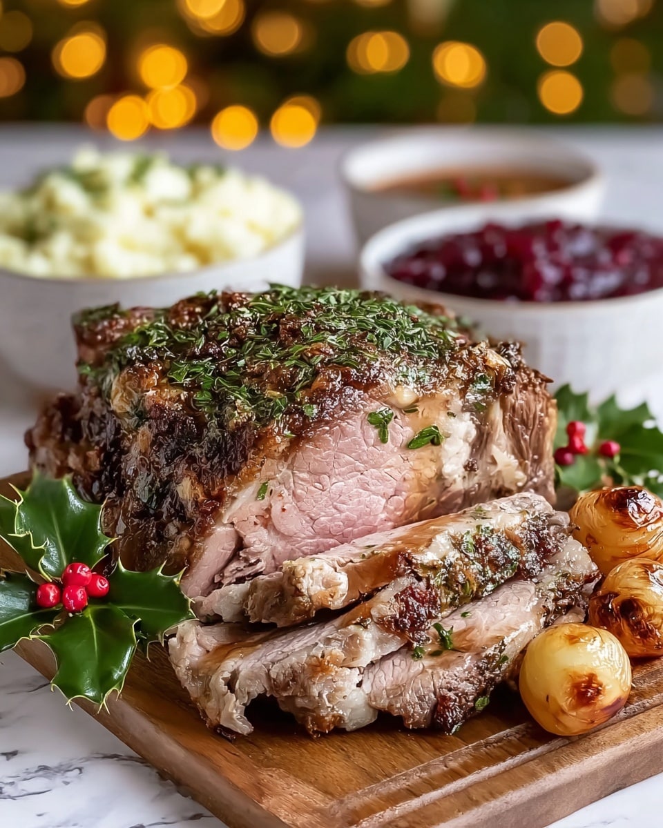 A thick piece of roast beef with a browned, crispy top layer covered with green herbs sits on a wooden board. The roast is sliced, showing three inner layers of light brown cooked meat that looks juicy and tender. Around the roast, there are three small golden roasted onions with a shiny, slightly charred surface. Near the front, green holly leaves with bright red berries add a festive touch. To the left, a white bowl filled with mashed potatoes in soft white lumps and another white bowl with a deep red cranberry sauce sit behind the board. The background is a soft blur of warm yellow bokeh lights, all placed on a white marbled texture surface. photo taken with an iphone --ar 4:5 --v 7