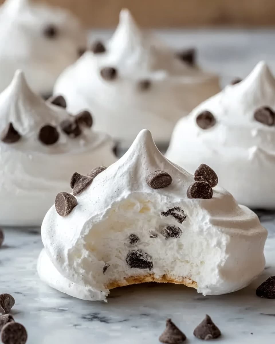 The image shows several small, white meringue cookies on a white marbled textured surface. Each meringue has a smooth, glossy, and slightly pointed top with a few dark brown chocolate chips scattered on and around it. One meringue in the front is partially bitten, showing a light and airy inside with a thin, crispy outer shell. The bite reveals a bit of chocolate chips inside the soft white filling. The cookies have a round, puffy shape that looks delicate and light. Photo taken with an iphone --ar 4:5 --v 7