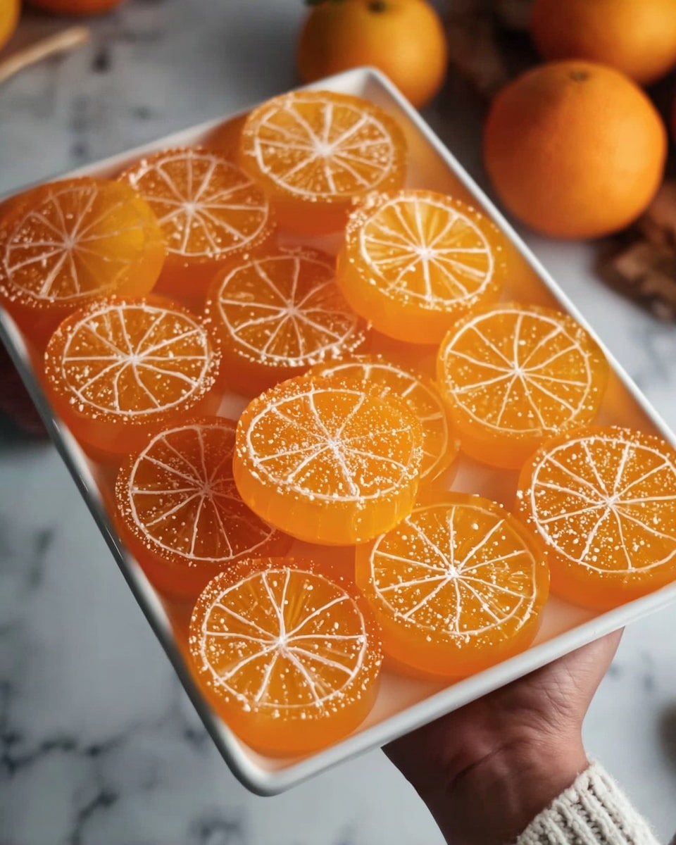 The image shows a white tray filled with round, orange jelly desserts shaped like orange slices. Each piece has detailed white lines and dots on top to mimic the segments of a real orange. The jelly is bright and shiny with a smooth texture, stacked in two layers on the tray. A woman's hand is holding the tray, and the background is a white marbled surface with some whole oranges nearby. photo taken with an iphone --ar 4:5 --v 7