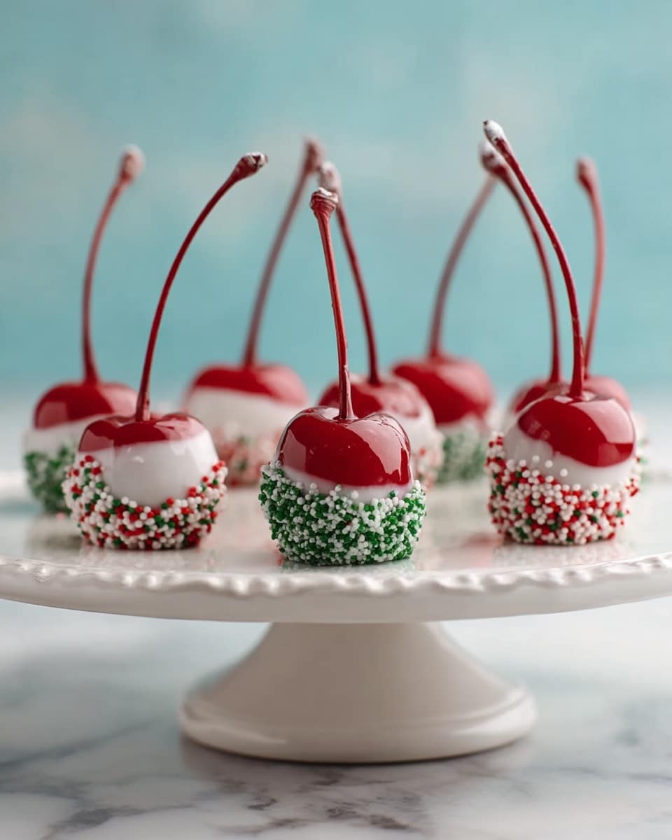 The image shows a white pedestal with eight shiny red cherries, each dipped in a layer of white coating covering the lower half, then partially dipped in green sugar crystals or red, white, and green round sprinkles on the bottom edge. Each cherry has a tall, thin stem extending upwards. The white pedestal sits on a white marbled surface with a soft, light blue blurry background. The cherries are arranged in a loose group, focusing on the full front view of the coated cherries. photo taken with an iphone --ar 4:5 --v 7
