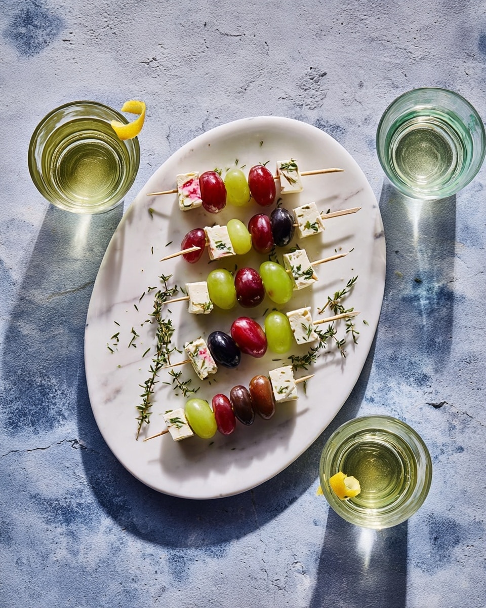 A long white plate sits on a white marbled surface, holding eight small skewers each with three layers: a green or red grape on the bottom, a white cheese cube with bits of pink in the middle, and a dark purple or red grape on top. Small green herb sprigs are scattered around the skewers on the plate. Three clear glasses with light green and pale golden drinks, one with a yellow twist, are placed around the plate. The blue texture under everything contrasts with the bright colors of the food and drinks. photo taken with an iphone --ar 4:5 --v 7