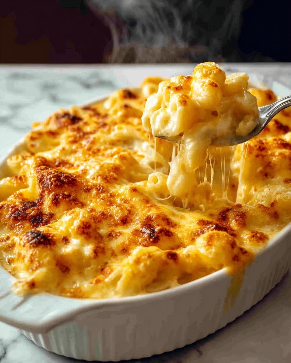 A white oval dish filled with creamy macaroni and cheese is shown, where the top layer is a golden-brown crust of melted cheese with some browned spots, giving it a bubbly and textured look; underneath this crust, the visible layer consists of soft, pale yellow pasta tubes coated in smooth, gooey cheese sauce, being lifted by a fork that stretches the melted cheese in thin strings; the steam rising from the dish adds warmth to the scene, all placed on a white marbled surface. photo taken with an iphone --ar 4:5 --v 7