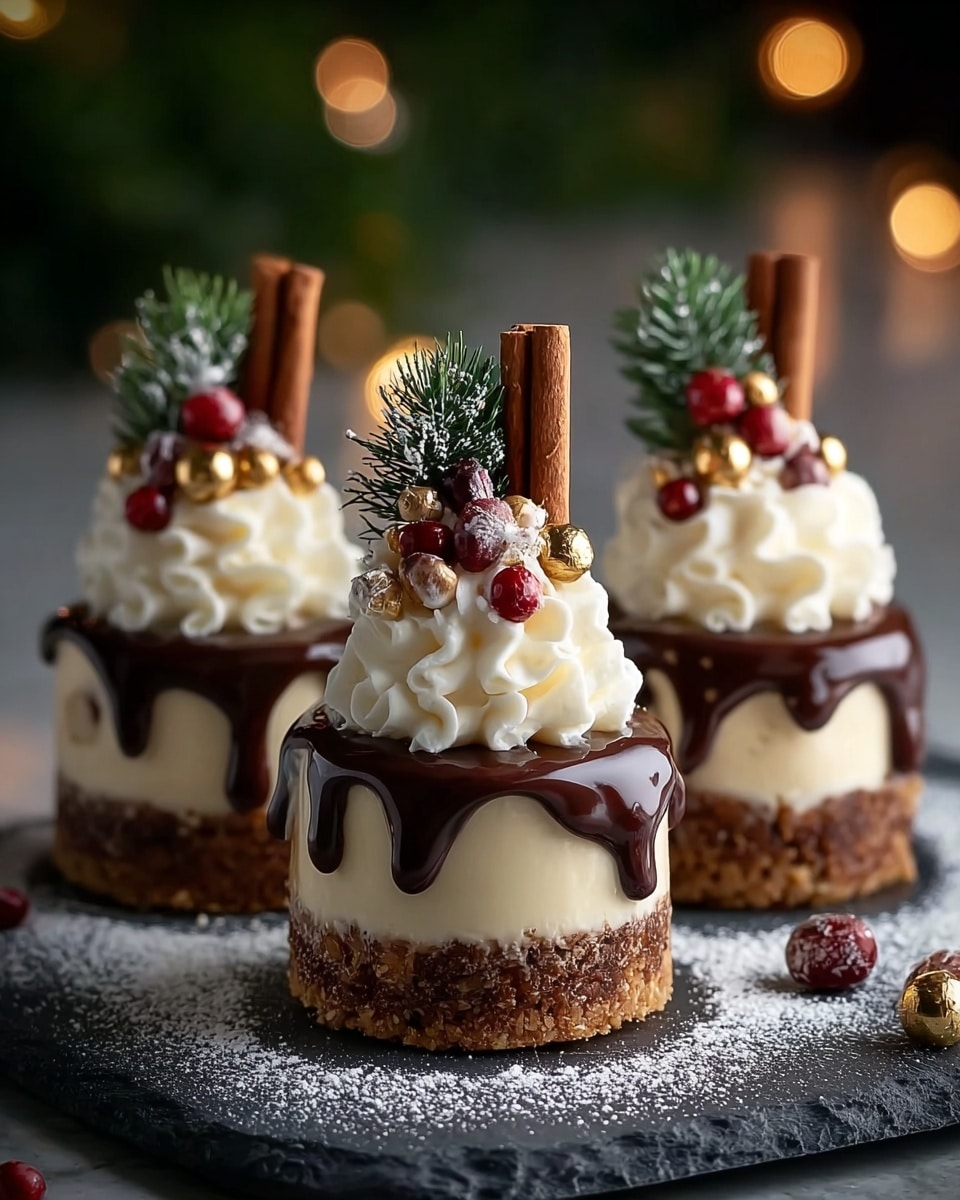 The image shows three small round cakes arranged closely on a dark slate board with powdered sugar dusted around. Each cake has three layers: a brown crumbly base, a thick smooth cream middle layer, and a glossy dark chocolate layer dripping over the sides on top. Swirled white whipped cream sits above the chocolate layer, topped with small gold and red spherical decorations, a mini green pine sprig, and two cinnamon sticks inserted vertically. The background is softly blurred with warm circles of light and green foliage. photo taken with an iphone --ar 4:5 --v 7