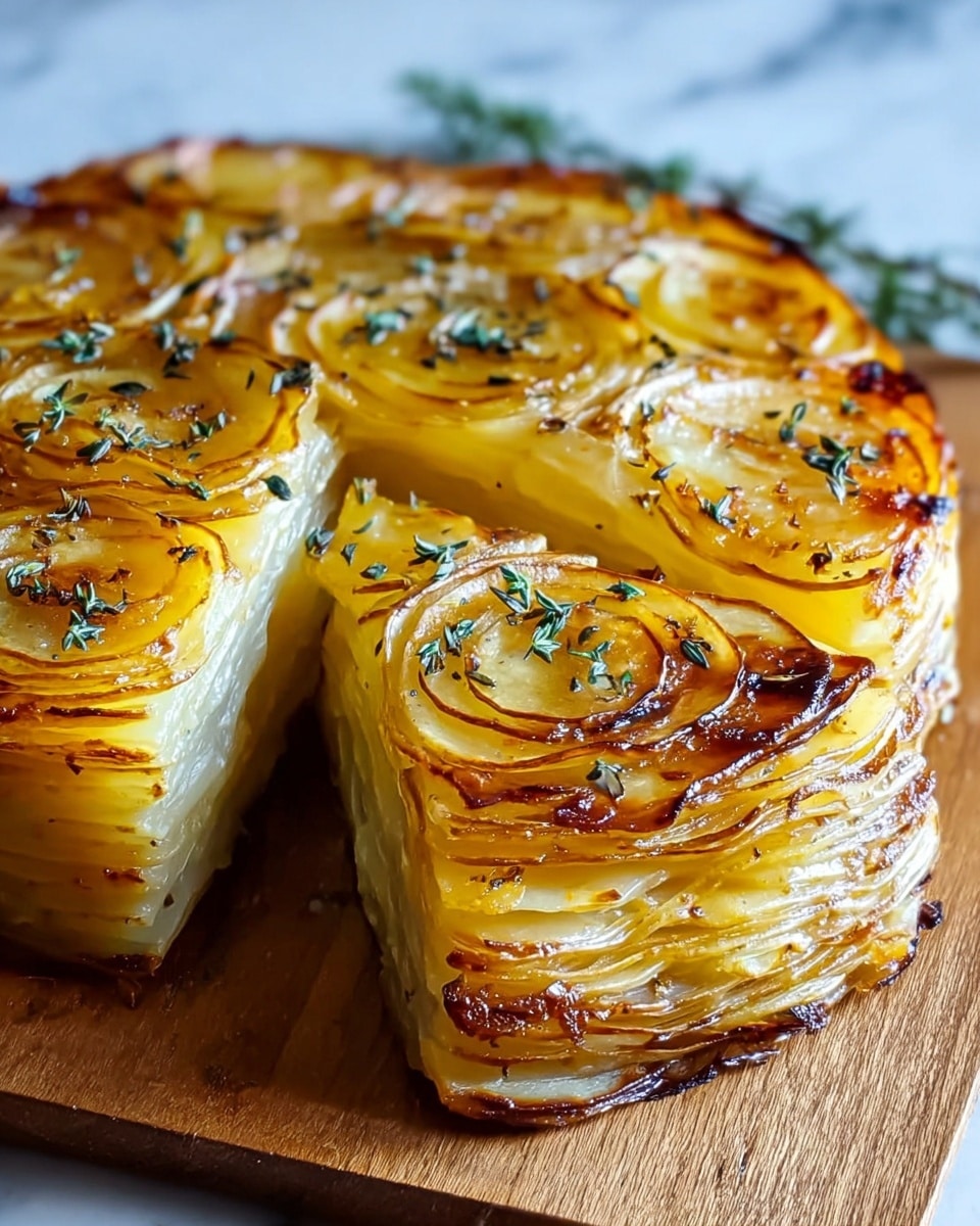 A round potato gratin with about ten visible layers, each layer made of thin, golden-yellow potato slices arranged vertically and packed tightly with a slightly browned, crispy edge. The top layer features overlapping potato slices that are browned on the edges and glossy, sprinkled with small green herb sprigs. The gratin has a slice cut out, showing smooth, creamy white layers inside with a firm consistency. It sits on a wooden board against a soft-focus white marbled background. photo taken with an iphone --ar 4:5 --v 7