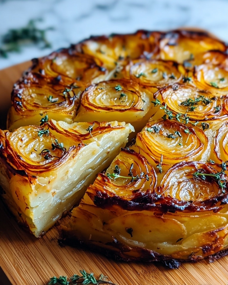 A round potato gratin is shown with one slice cut out, revealing about six layers of thin, golden yellow potato slices tightly stacked inside. The top layer has spiral patterns of browned potato edges with crispy, caramelized textures and is sprinkled with small green thyme leaves. The colors range from pale cream inside to rich golden brown at the edges, giving a crispy and soft look. The dish sits on a wooden board with a white marbled texture in the background. photo taken with an iphone --ar 4:5 --v 7