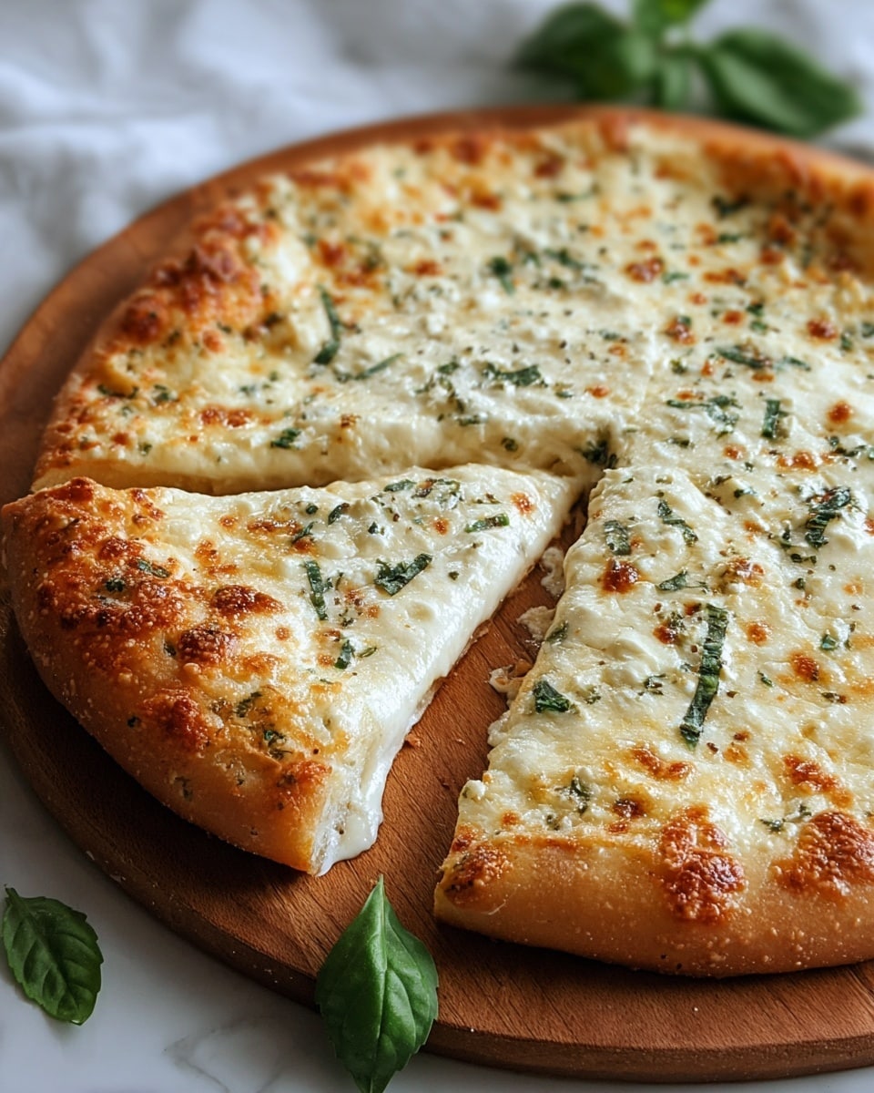 A round pizza sits on a wooden board with one slice pulled slightly away. The pizza has a golden-brown, puffy crust with a soft texture. The single layer of melted white cheese covers the entire pizza, showing browned spots where it bubbled in the oven. Small green herb pieces are sprinkled evenly on top, adding a fresh contrast to the creamy cheese. A few fresh green basil leaves rest beside the pizza on the board. The white marbled surface underneath adds brightness to the warm tones of the pizza. photo taken with an iphone --ar 4:5 --v 7