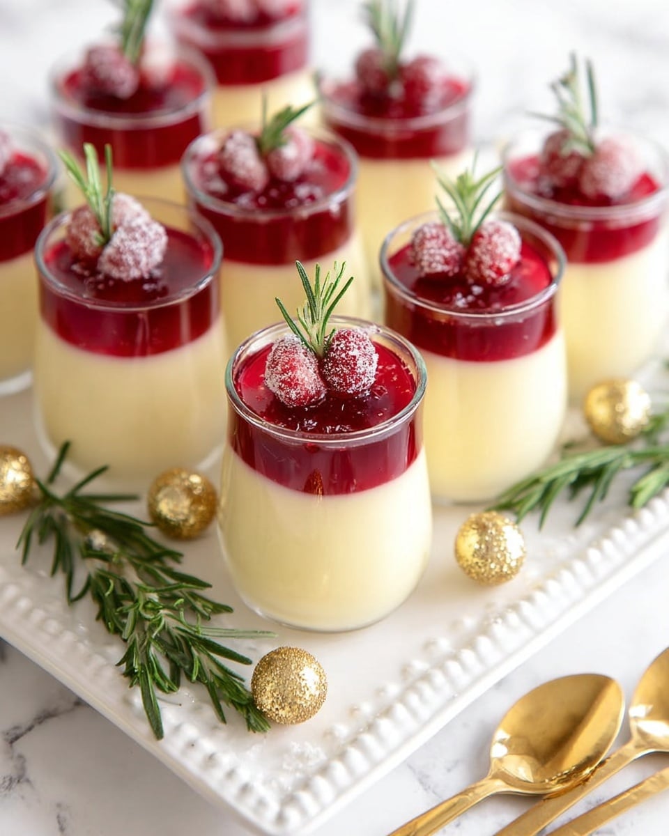 The image shows six small glass cups filled with a creamy pale yellow dessert as the bottom layer, topped with a deep red jelly layer. Each jelly layer is decorated with a sugared red berry and a small green rosemary sprig placed horizontally across the top. The cups are arranged on a white tray with decorative edges, placed on a white marbled surface. Around the tray, there are sprigs of fresh rosemary and several small, shiny gold balls scattered for decoration. Two gold spoons are also visible at the bottom right corner of the image. Photo taken with an iphone --ar 4:5 --v 7