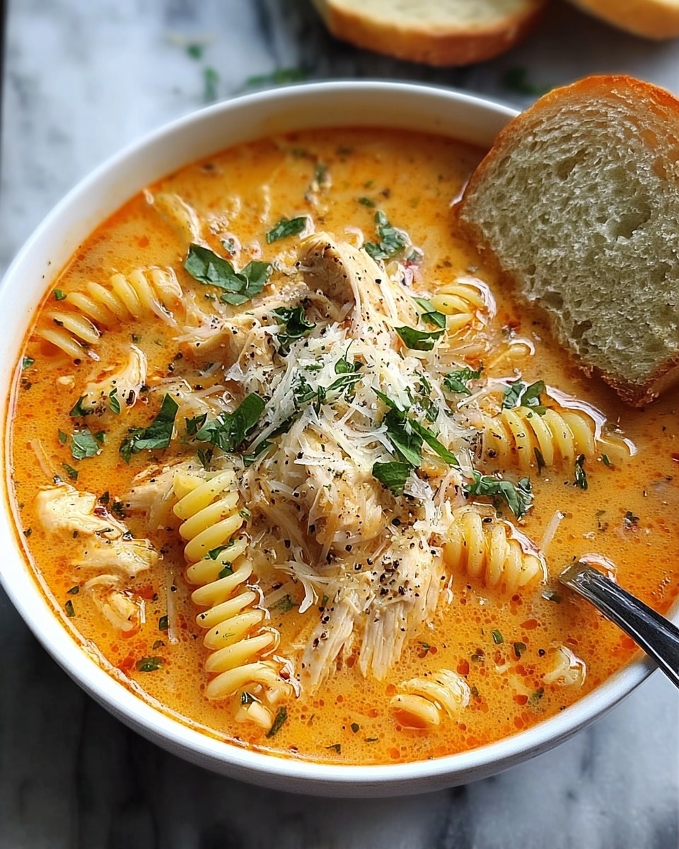 A bowl of rich, creamy orange soup with visible chunks of cooked chicken pieces and spiral pasta in the middle, topped with shredded white cheese and sprinkled with fresh green herbs and black pepper; a piece of sliced white bread is placed on the edge of the white bowl which sits on a white marbled textured surface. photo taken with an iphone --ar 4:5 --v 7