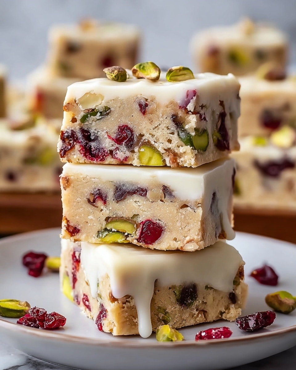 Three square bars are stacked on a white plate with a few dried red berries and pistachio nuts around. Each bar has two layers: the bottom thick layer is light beige with visible chunks of green pistachios and dark red dried berries; the top layer is a smooth white icing that slightly drips down the sides. The texture of the bottom layer looks soft and dense with bits of nuts and fruit spread evenly inside. The background shows more stacked bars blurred out on a white marbled surface. photo taken with an iphone --ar 4:5 --v 7