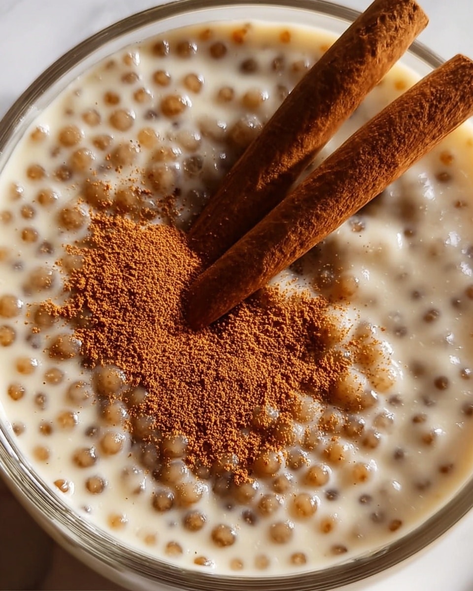 A close-up view of a creamy pudding with small tapioca pearls mixed evenly throughout. The dish fills a clear glass bowl, showing the light beige color of the pudding speckled with tiny translucent tapioca balls. On top, there is a sprinkle of brown cinnamon powder and two cinnamon sticks placed side by side, partially submerged in the pudding, adding texture and warmth to the look. Photo taken with an iphone --ar 4:5 --v 7