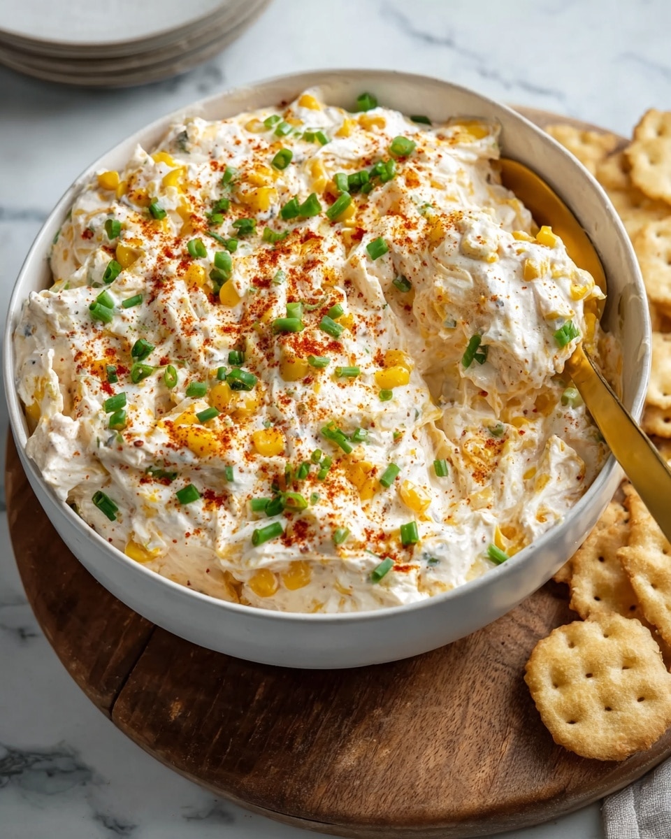 A white bowl filled with a creamy dip made of white and light yellow layers mixed together, with soft textures showing bits of yellow corn and small green onion pieces scattered throughout. The top is sprinkled with red paprika powder and extra green onion pieces for garnish. A gold spoon is partially dipped inside the dip on the right side of the bowl. The bowl sits on a wooden board, all placed over a white marbled textured surface. Photo taken with an iphone --ar 4:5 --v 7