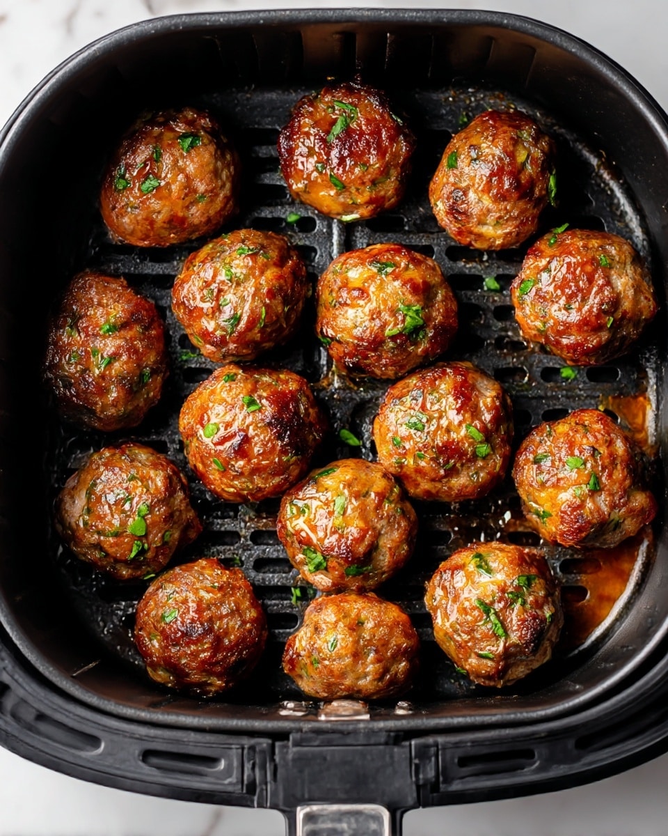 The image shows a black air fryer basket filled with thirteen cooked meatballs arranged closely together. Each meatball has a rich brown, slightly crispy texture with visible bits of green herbs sprinkled on top, adding bright green spots across the surface. The meatballs look juicy and well browned with a glistening, slightly shiny finish. The air fryer basket has ridges and small gaps that allow drainage underneath, and some bits of sauce or grease are visible along the edges of the basket. The background features a clean white marbled texture. photo taken with an iphone --ar 4:5 --v 7