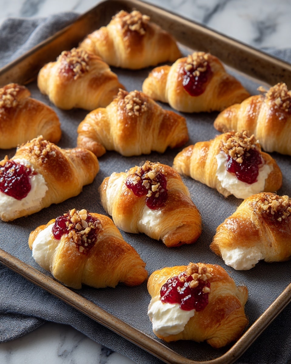 The image shows a baking tray holding ten small golden brown croissants, each topped with a dollop of white creamy cheese, a spoonful of red berry jam, and sprinkled with small pieces of chopped nuts. The croissants have a shiny, slightly flaky surface with a light sugar glaze, and the jam looks thick and glossy. The tray sits on a grey cloth over a white marbled surface. Photo taken with an iphone --ar 4:5 --v 7