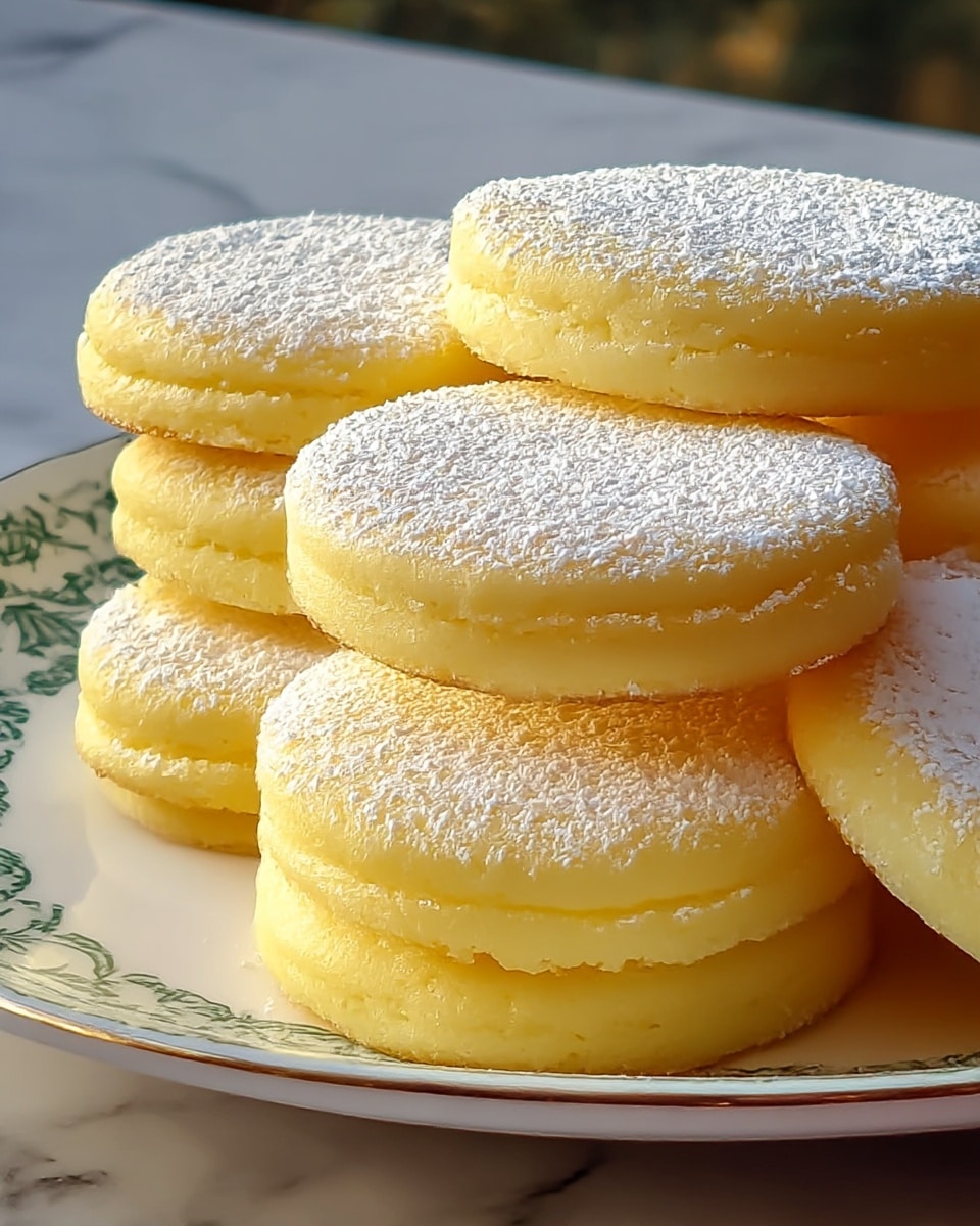 A stack of soft, round yellow cakes dusted with a light layer of white powdered sugar on top, arranged neatly in two layers with some cakes overlapping each other on a white plate featuring a subtle green pattern near the edges, all placed on a white marbled texture surface. photo taken with an iphone --ar 4:5 --v 7