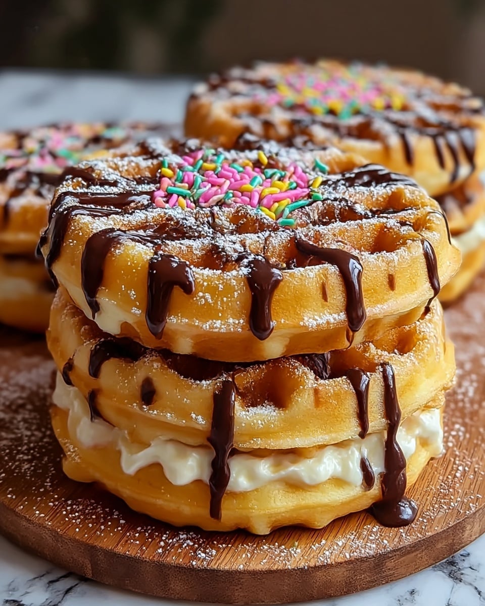 The image shows four round waffles stacked in pairs, each waffle crisp and golden brown with a grid pattern. Between each pair is a thick layer of creamy white filling that oozes slightly at the edges. The waffles are drizzled with dark chocolate sauce in thin lines across the top and sprinkled with fine powdered sugar. Colorful sprinkles, mainly pink, yellow, green, and blue, decorate the center of each waffle stack. They sit on a wooden board against a blurred background, with a white marbled surface underneath the board. Photo taken with an iphone --ar 4:5 --v 7