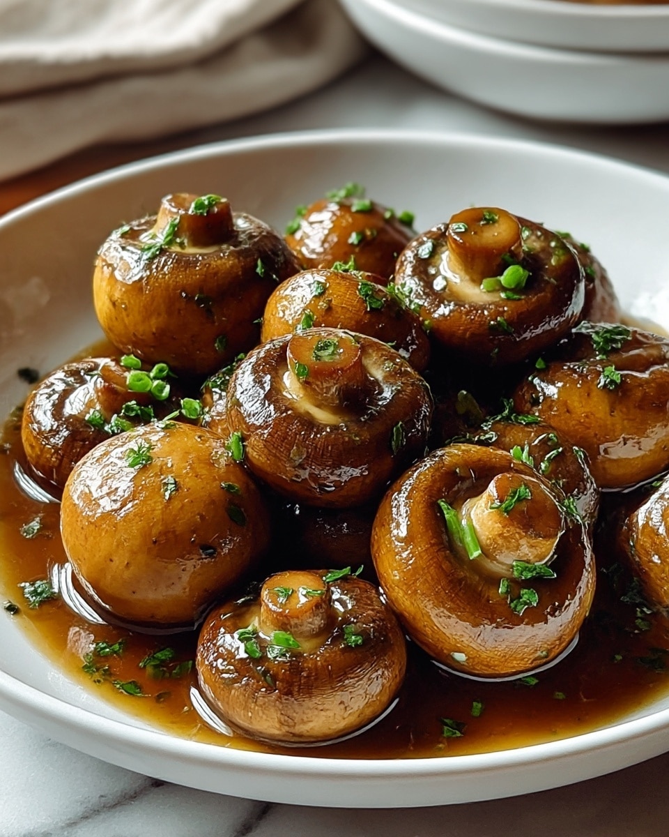 A close-up of several cooked whole mushrooms coated in a shiny brown sauce, piled in a white shallow bowl. The mushrooms have a rich golden to dark brown color with a smooth, slightly wrinkled texture. Small pieces of bright green chopped herbs are scattered over the mushrooms and the sauce pooling in the bowl, adding a fresh contrast. The bowl is set on a white marbled surface, with a soft focus on a neutral cloth and another white bowl in the background. photo taken with an iphone --ar 4:5 --v 7